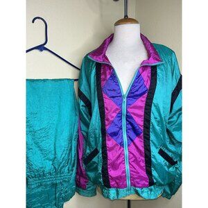 Y2K  Womens Track Suit Sz L Jacket Pants Set Color Block Retro Full Zip Lined